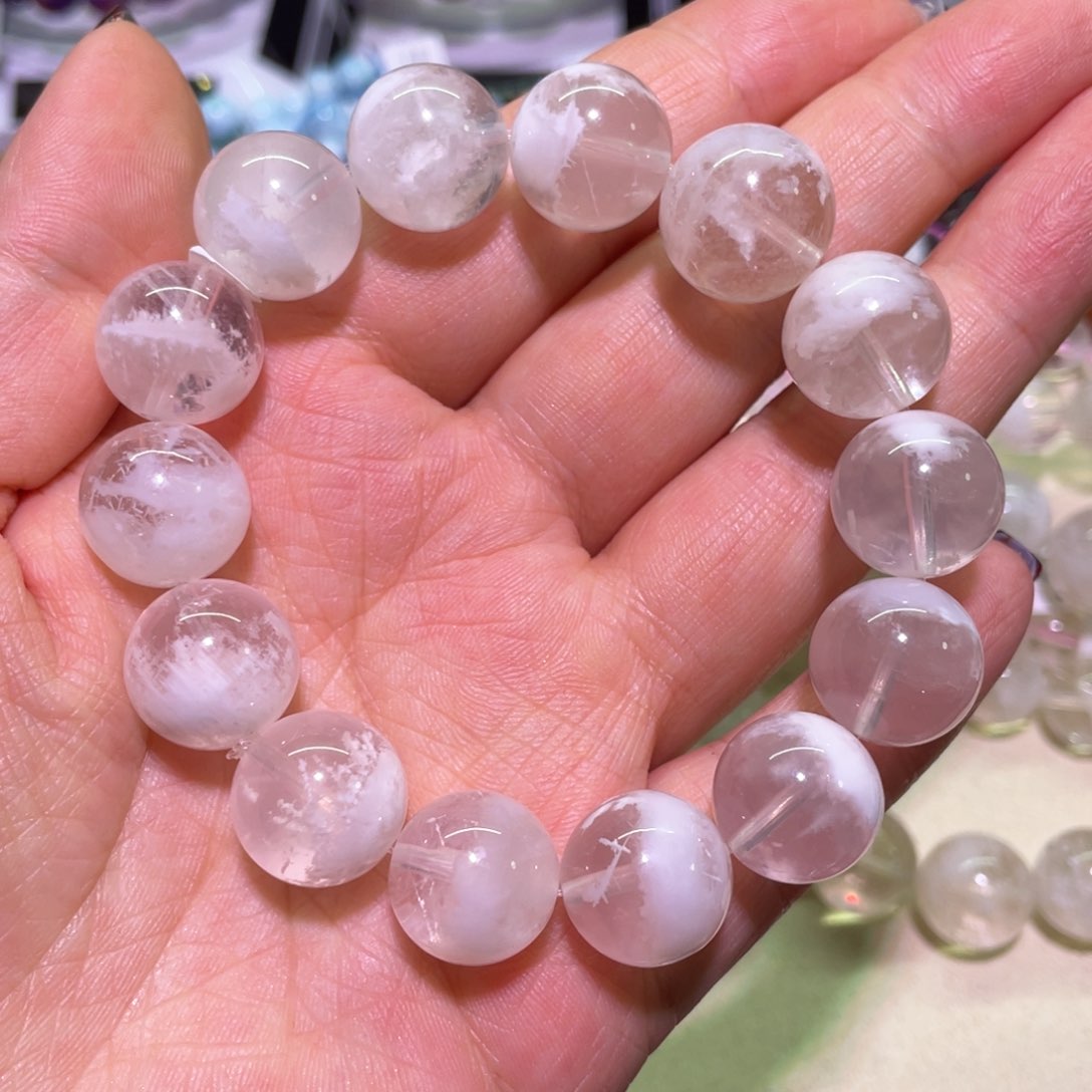 水晶手链未镶嵌15mm白雪花聚宝盆