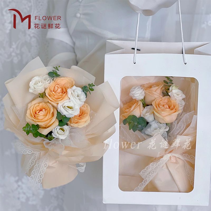 【藏不住的喜欢】3朵香槟玫瑰鲜花手提袋送女朋友送老婆生日鲜花