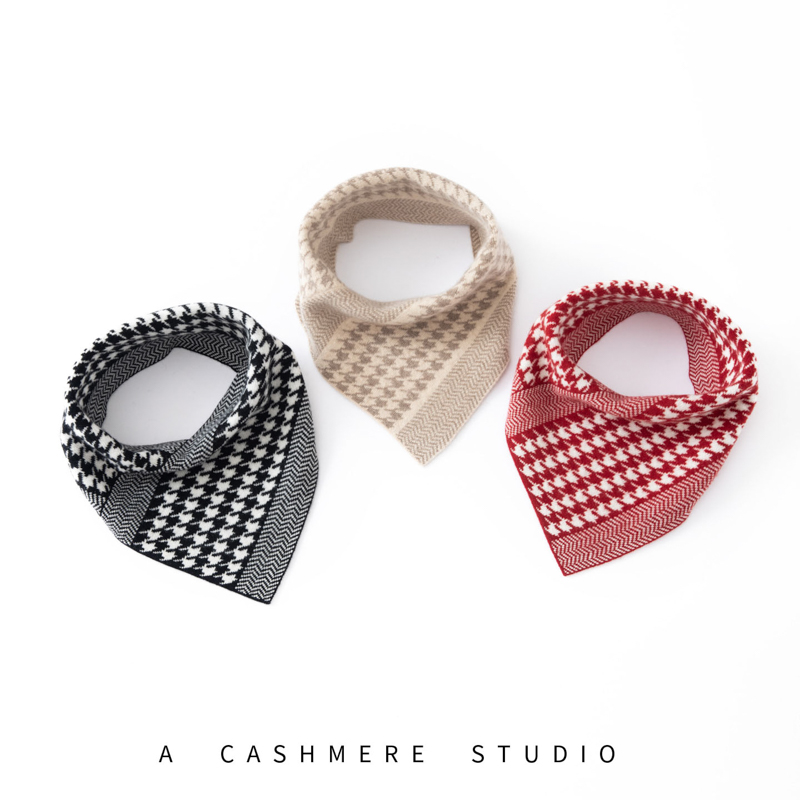 秋冬山羊绒提花千鸟格保暖针织三角巾护颈防寒围脖脖套女百搭围巾