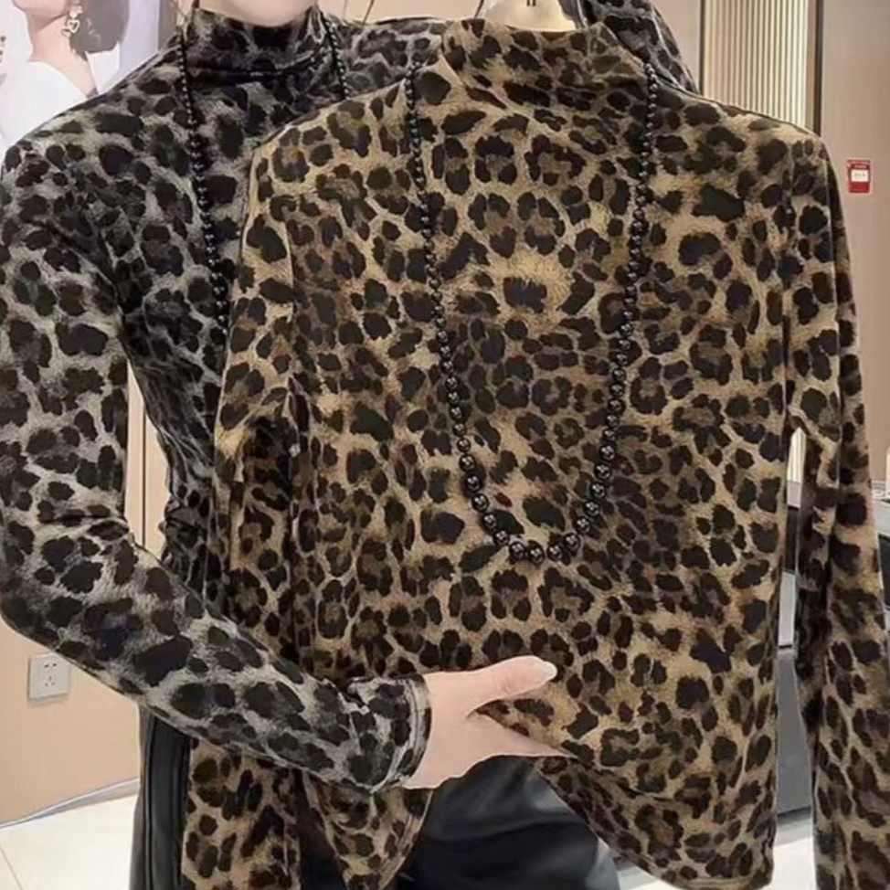 经典豹纹性感洋气T恤女2025秋季高领长袖修身显瘦百搭打底衫