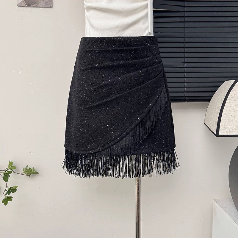 加厚法式设计感亮闪闪流苏半身裙女秋冬2025新款高腰