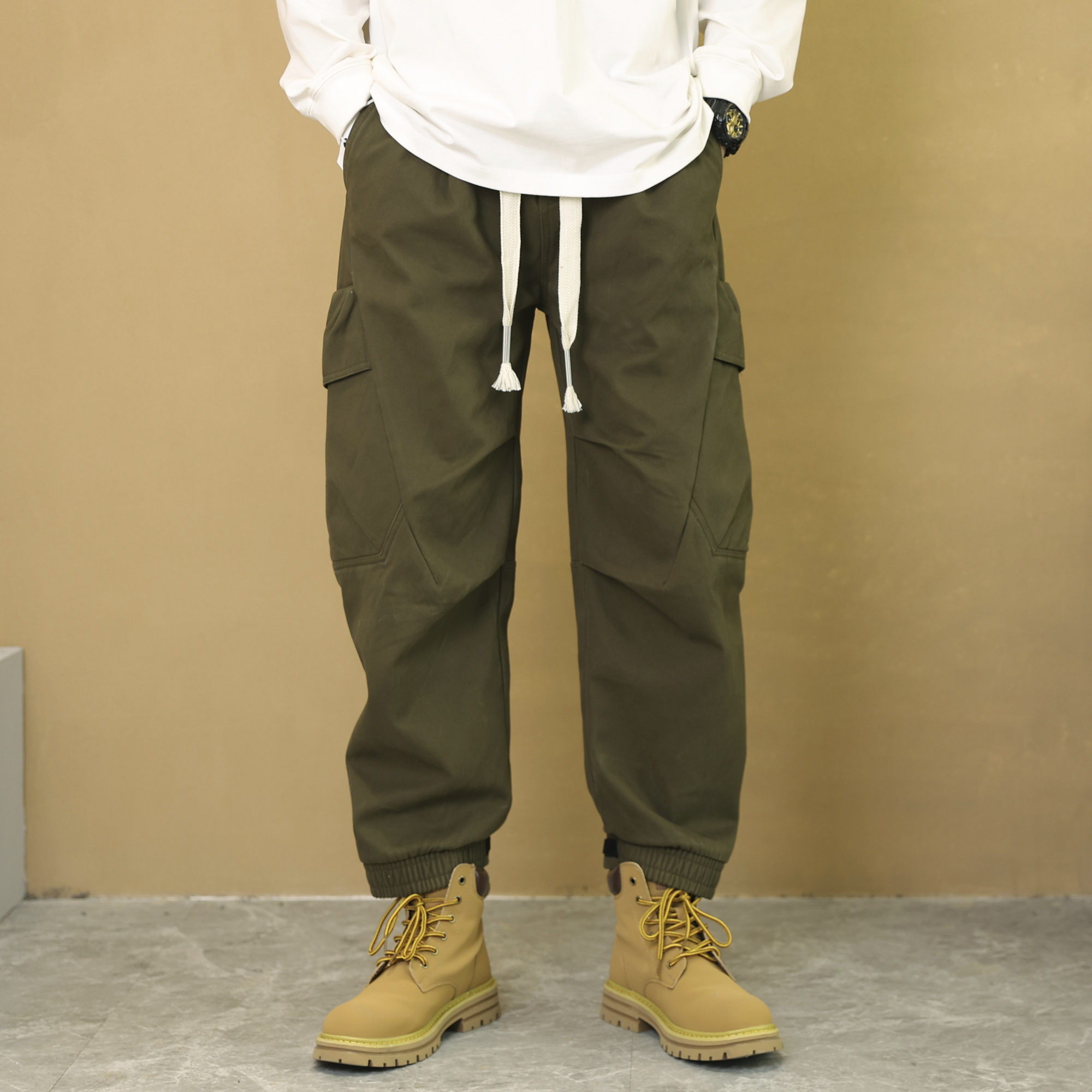 冬季美式加绒加厚工装裤男士重磅纯棉宽松长裤复古百搭休闲束脚裤