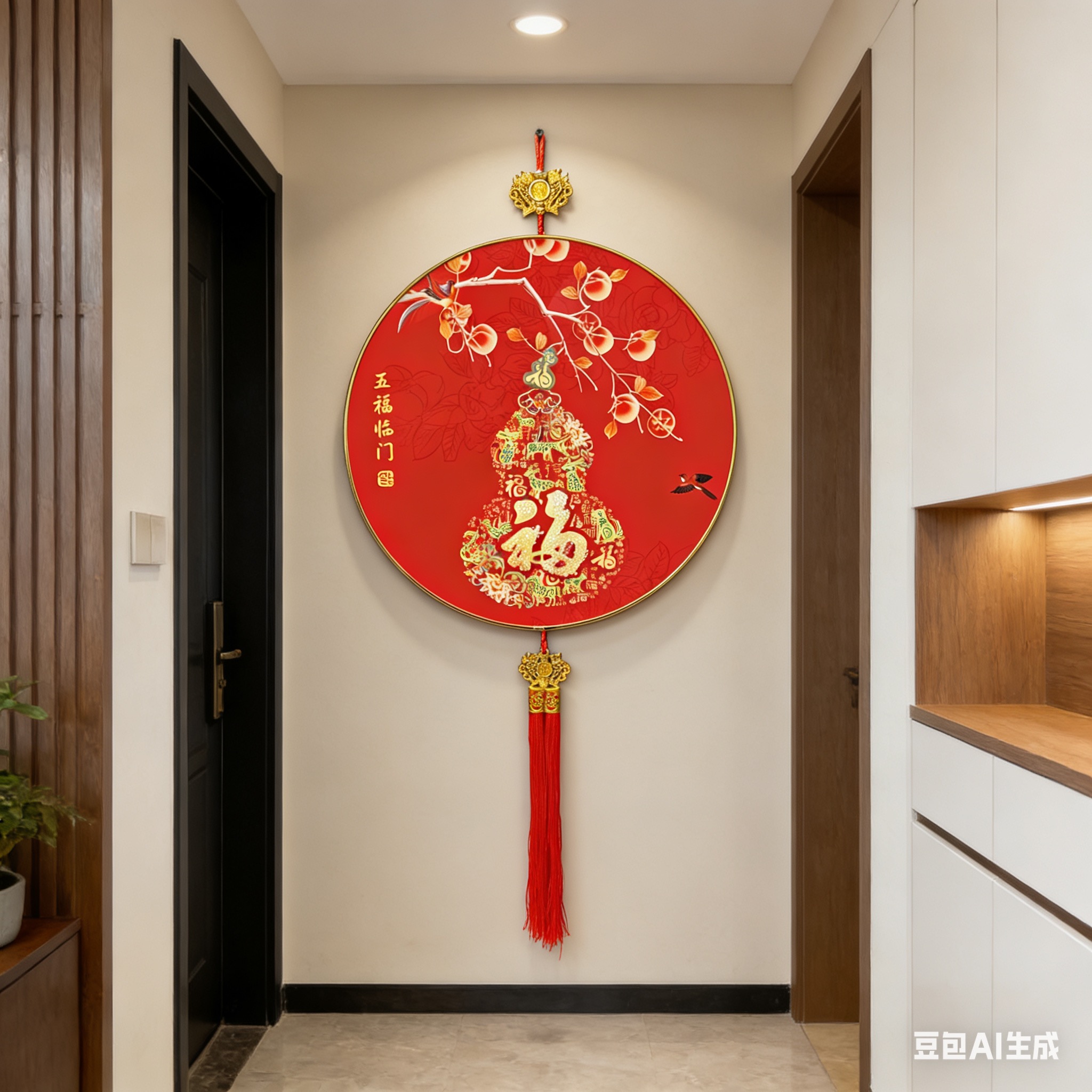 L五福临门新中式圆形走廊玄关过道装饰画轻奢葫芦福字挂画H4