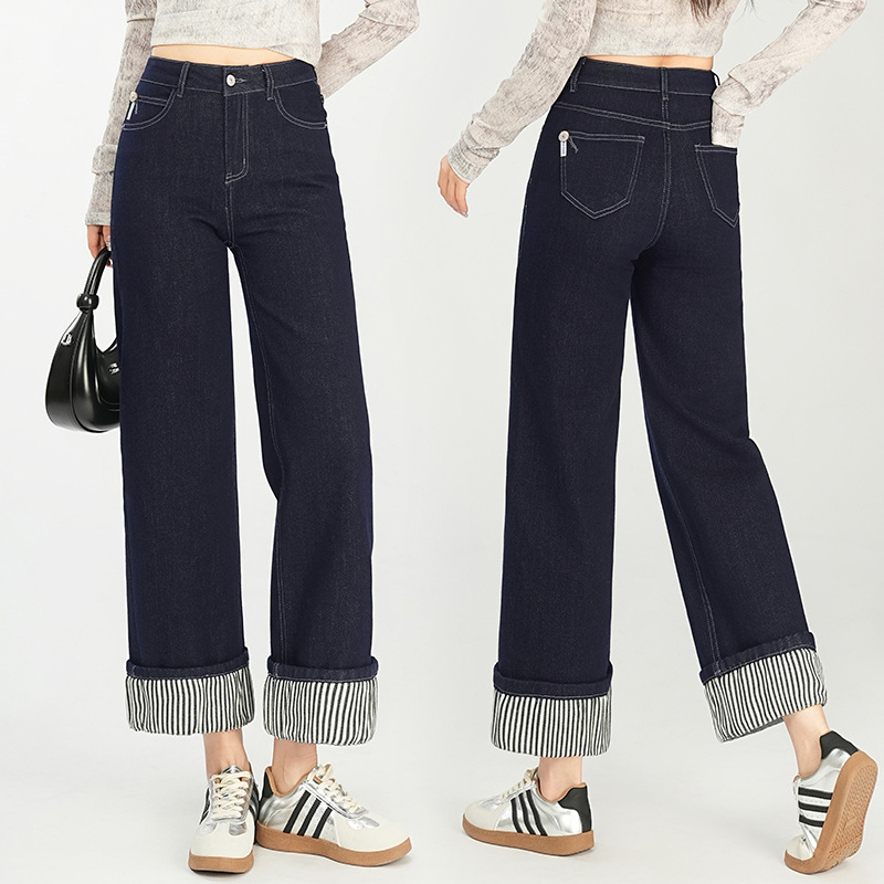 个性翻边条纹拼接牛仔裤女2025春夏小个子高腰显瘦直筒九分牛仔裤
