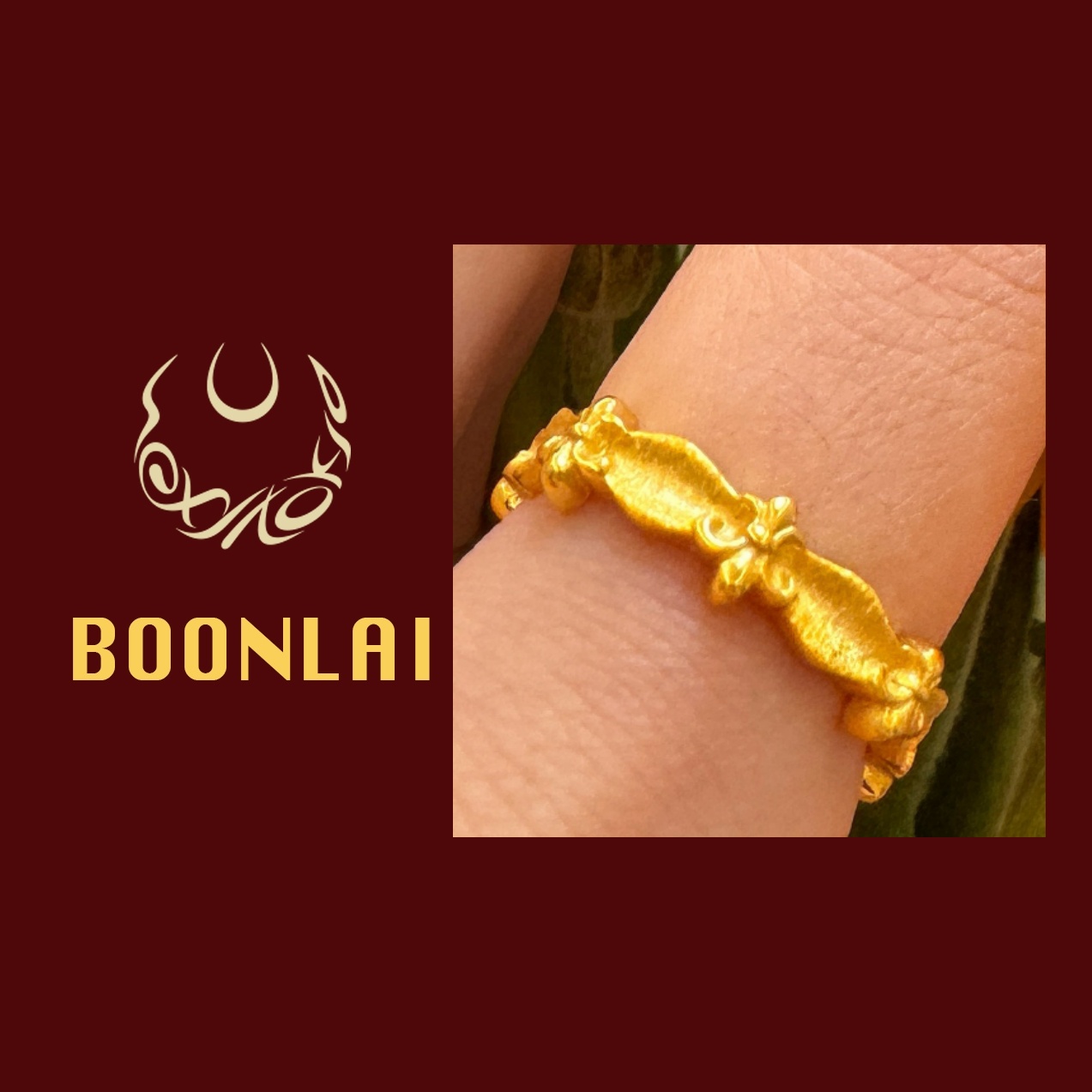 铜合金戒指 Boonlai金色拉丝古法花卉素圈戒指4149