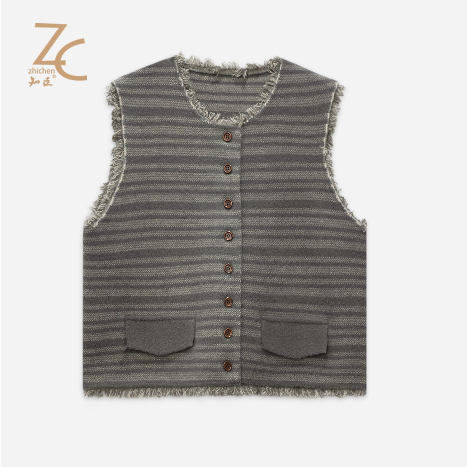 知臣秋季新品 温柔软糯毛边装饰条纹马甲女 T25683045
