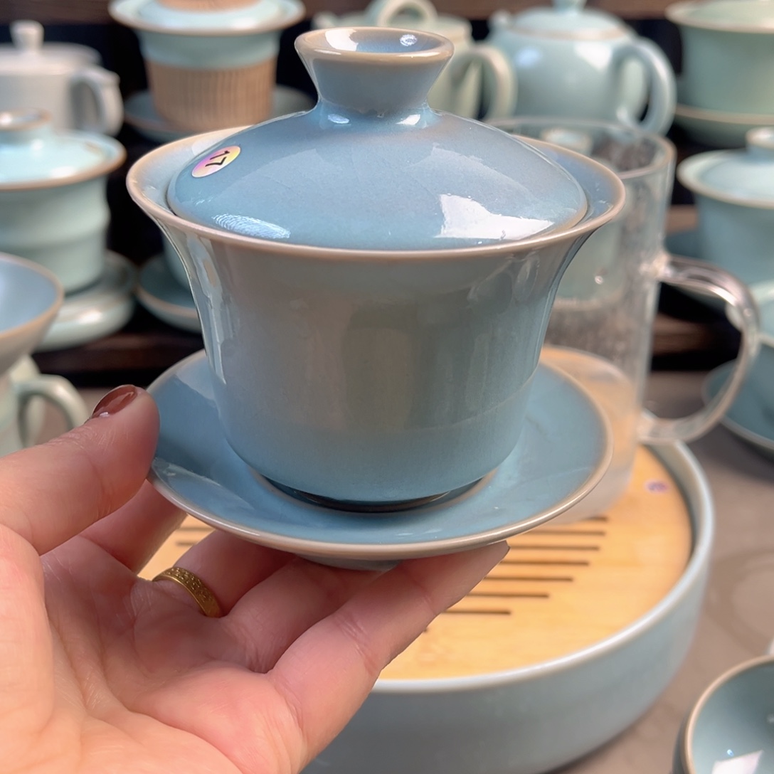 陶摆件瓷天青马蹄盖碗原矿