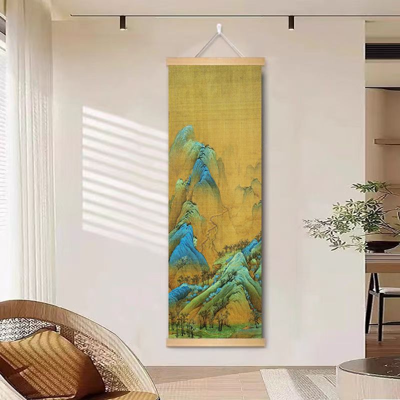 千里江山竖版挂画玄关山水书房中式国画茶室客厅装饰画卷轴