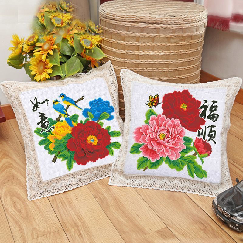 新款牡丹如意十字绣抱枕自己绣客厅靠垫枕头套刺绣手工打发时间