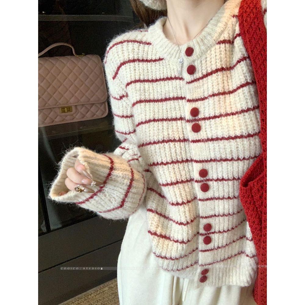 甜美风好看复古软糯条纹撞色毛衣开衫女秋冬宽松显瘦小众减龄上衣