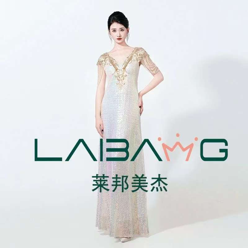 长款走秀主持人宴会七彩香槟色修身气质重工高端主持人走秀晚礼服
