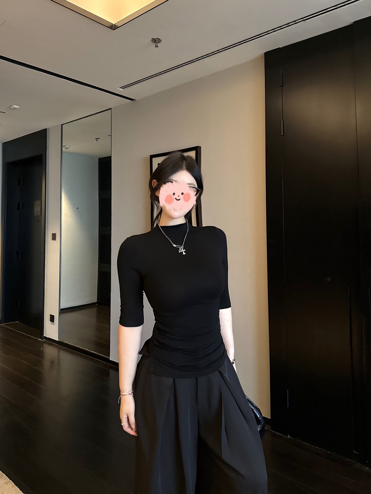 微胖mm大码法式秋季中袖T恤半高领堆褶收腰休闲百搭修身显瘦上衣