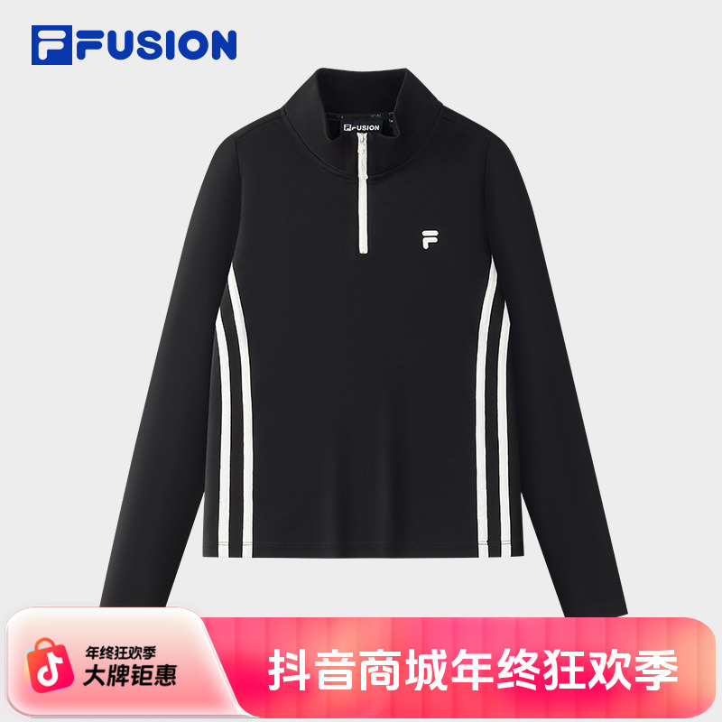 FILA FUSION斐乐潮牌女子针织长袖衫2025秋新款时尚修身半拉链长T