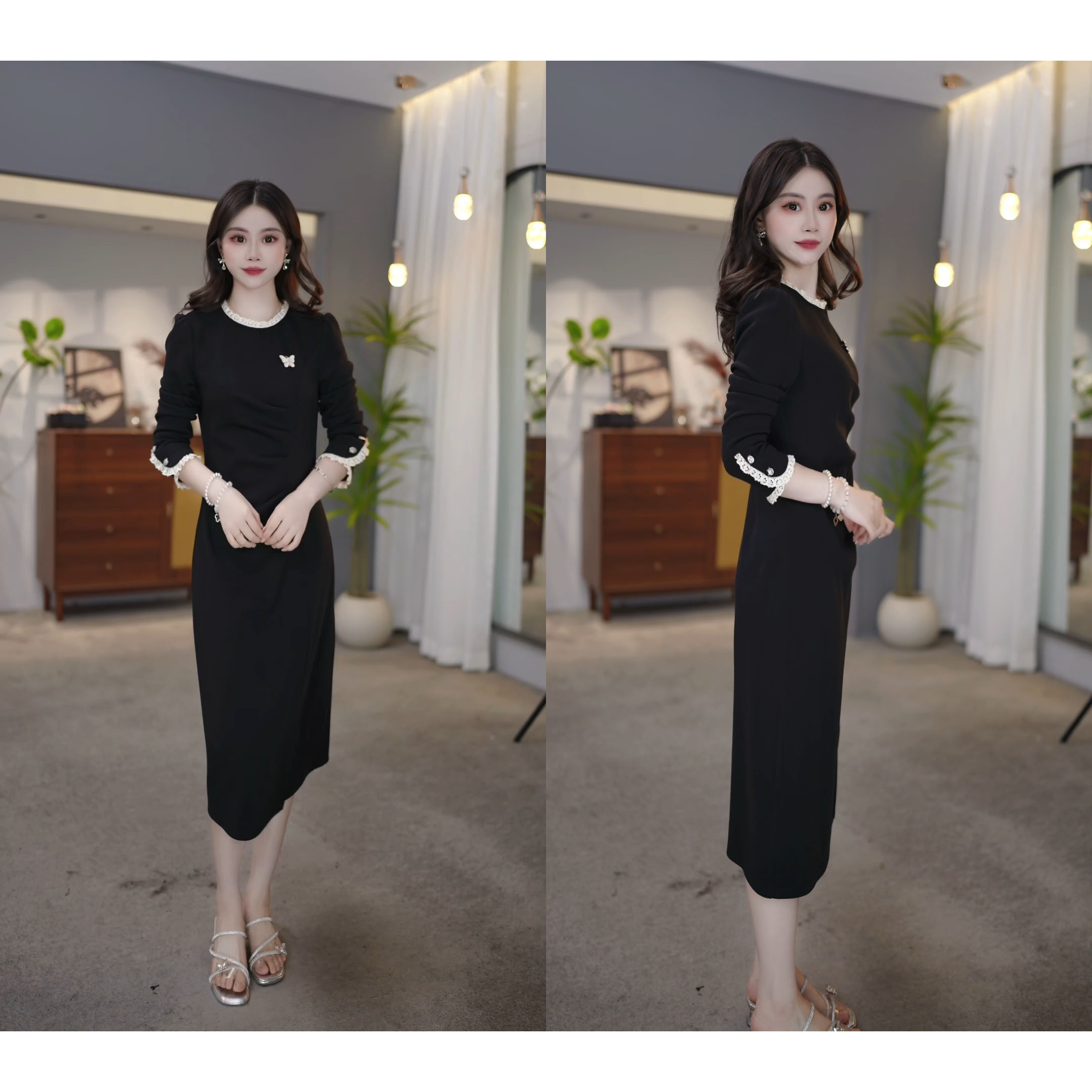 2025秋冬黑色收腰蕾丝时尚气质显瘦简约设计中长款连衣裙M-4XL