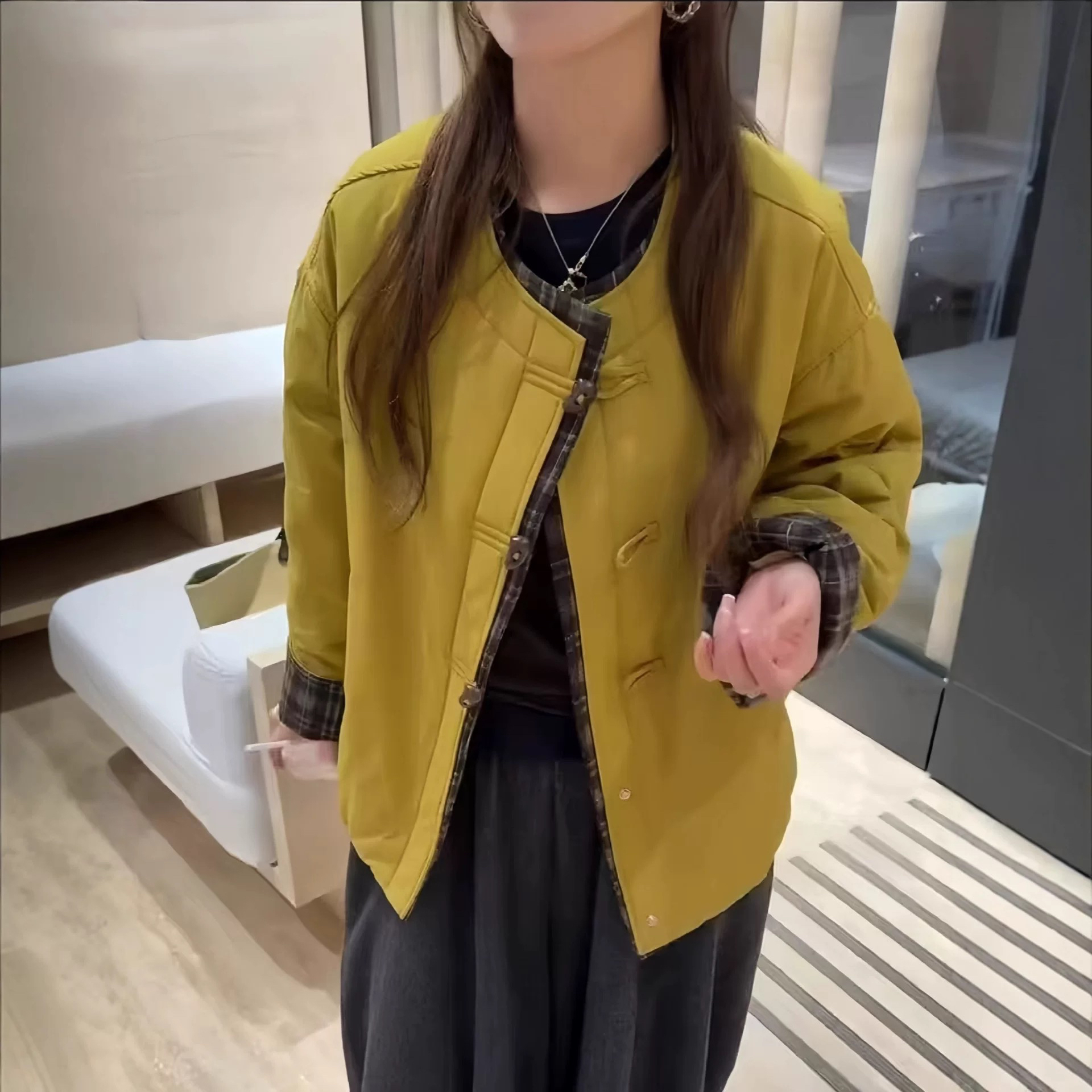 新款韩系撞色圆领宽松显瘦冬季厚款棉服上衣