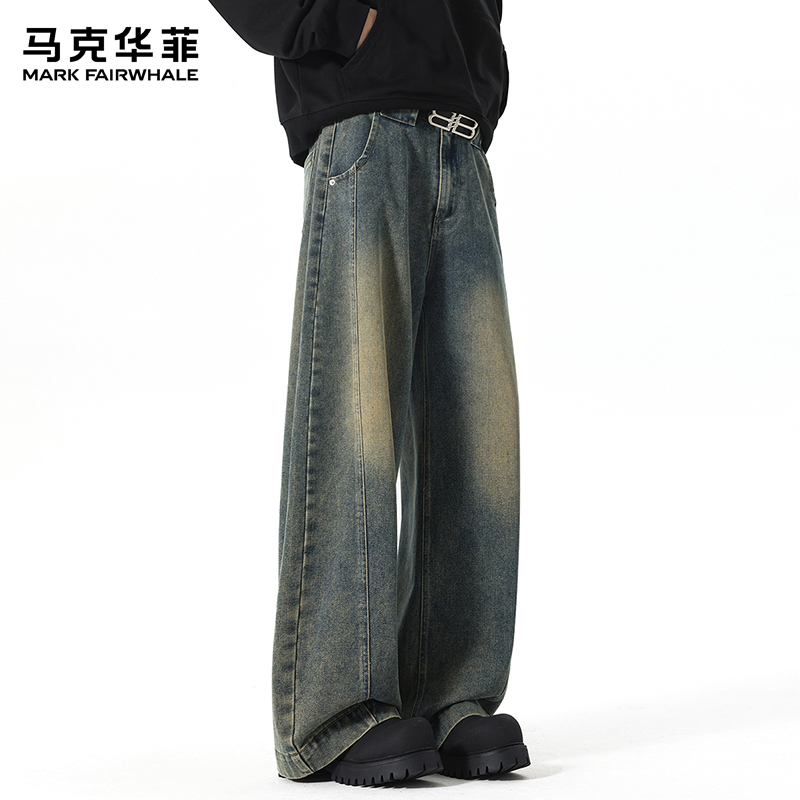 马克华菲弯刀牛仔裤男士秋冬季解构垂感水洗加绒保暖休闲阔腿长裤