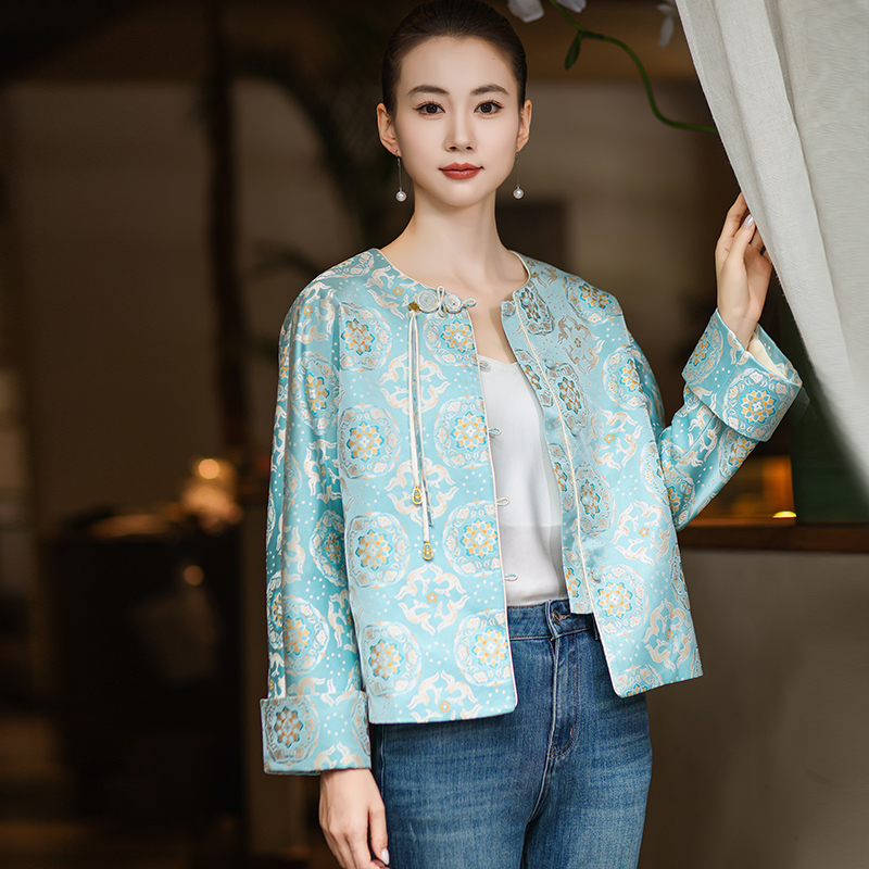【宝花奔鹿】新中式宋锦高端外套女2025秋新款圆领盘扣轻奢长袖唐装