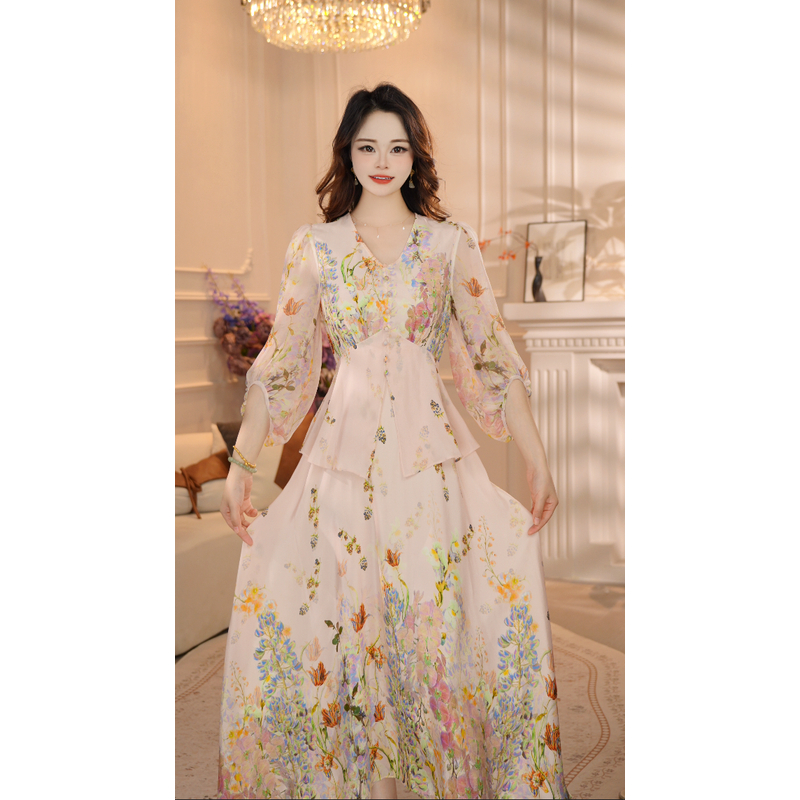 【亭亭玉立】25年定位花名媛风优雅气质收腰高端假两件长款连衣裙