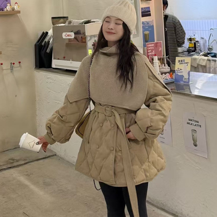 韩系2025冬新款小香风披肩菱形格收腰羽绒服女2025设计白鸭绒外套