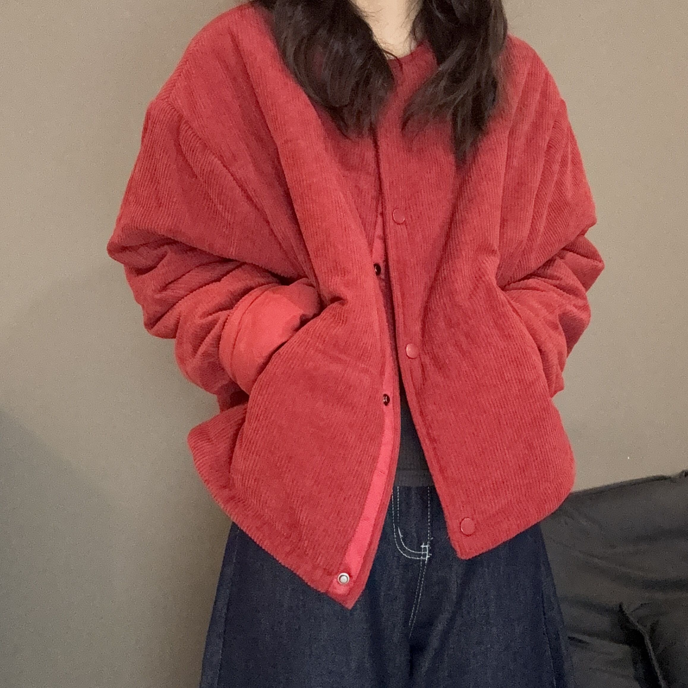 韩版灯芯绒短款圆领棉服宽松小个子加棉面包服-25259