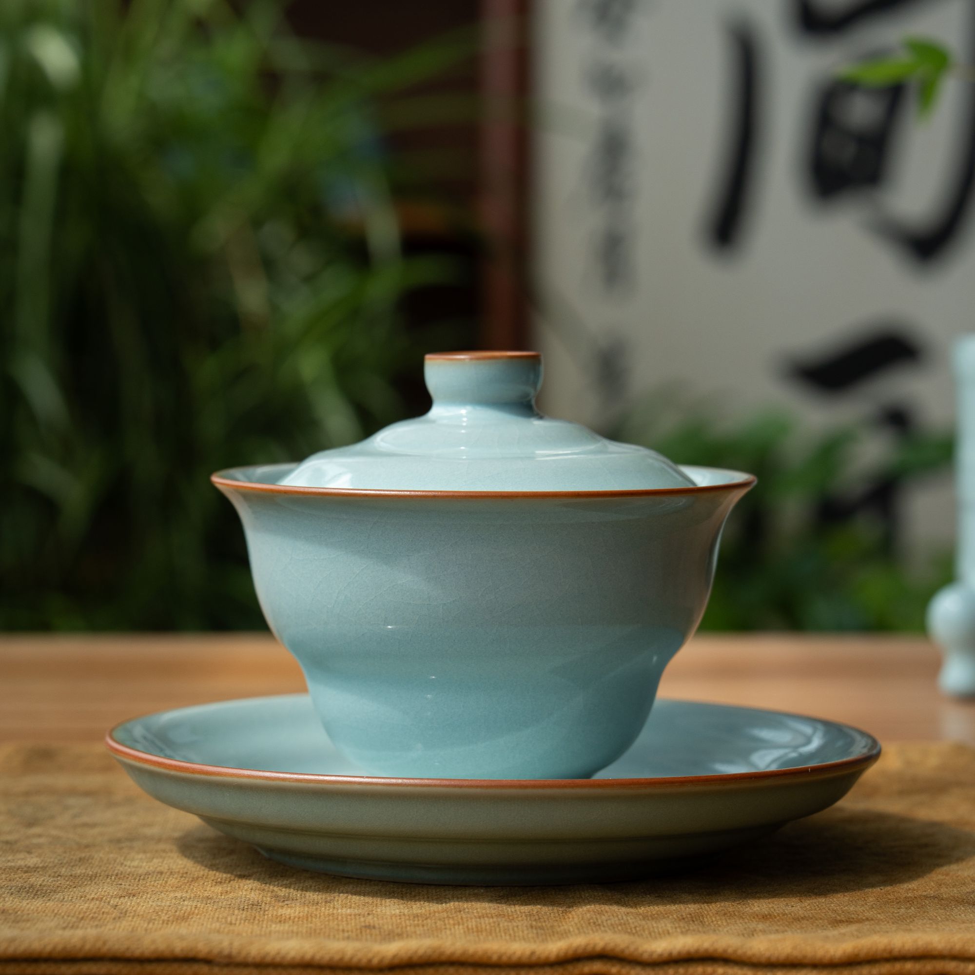 简匠汝窑当代非遗原矿天青釉开片可养葫芦盖碗150ml