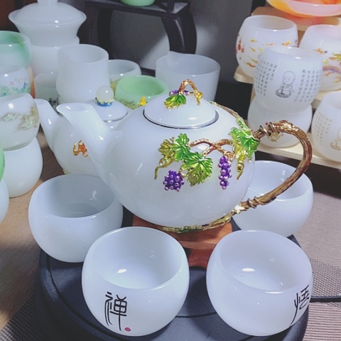 羊脂玉瓷琉璃中式珐琅彩多子多福一壶六杯礼盒套装