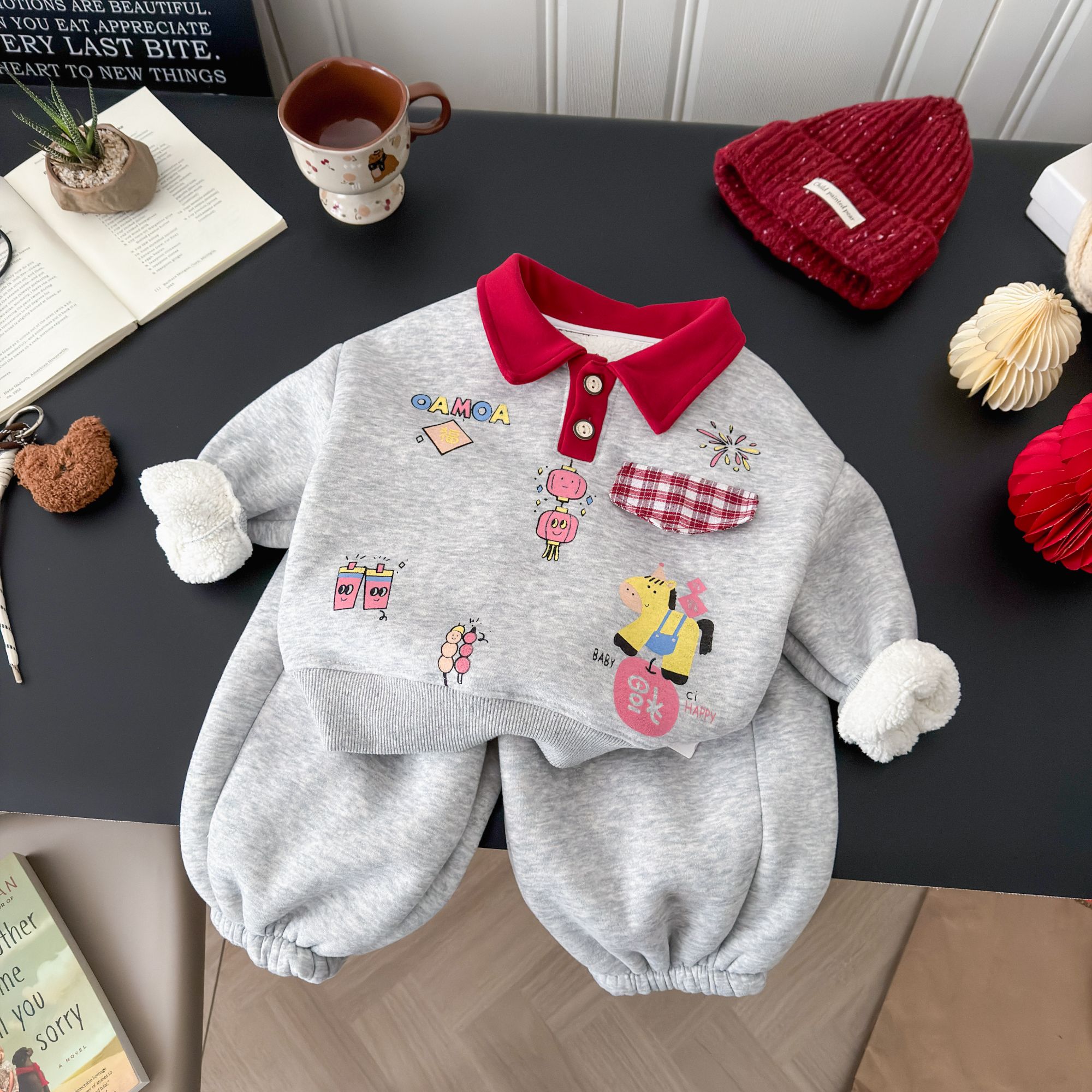 【新年战袍】儿童加绒加厚卫衣套装2026新年卫衣卫裤两件套拜年服