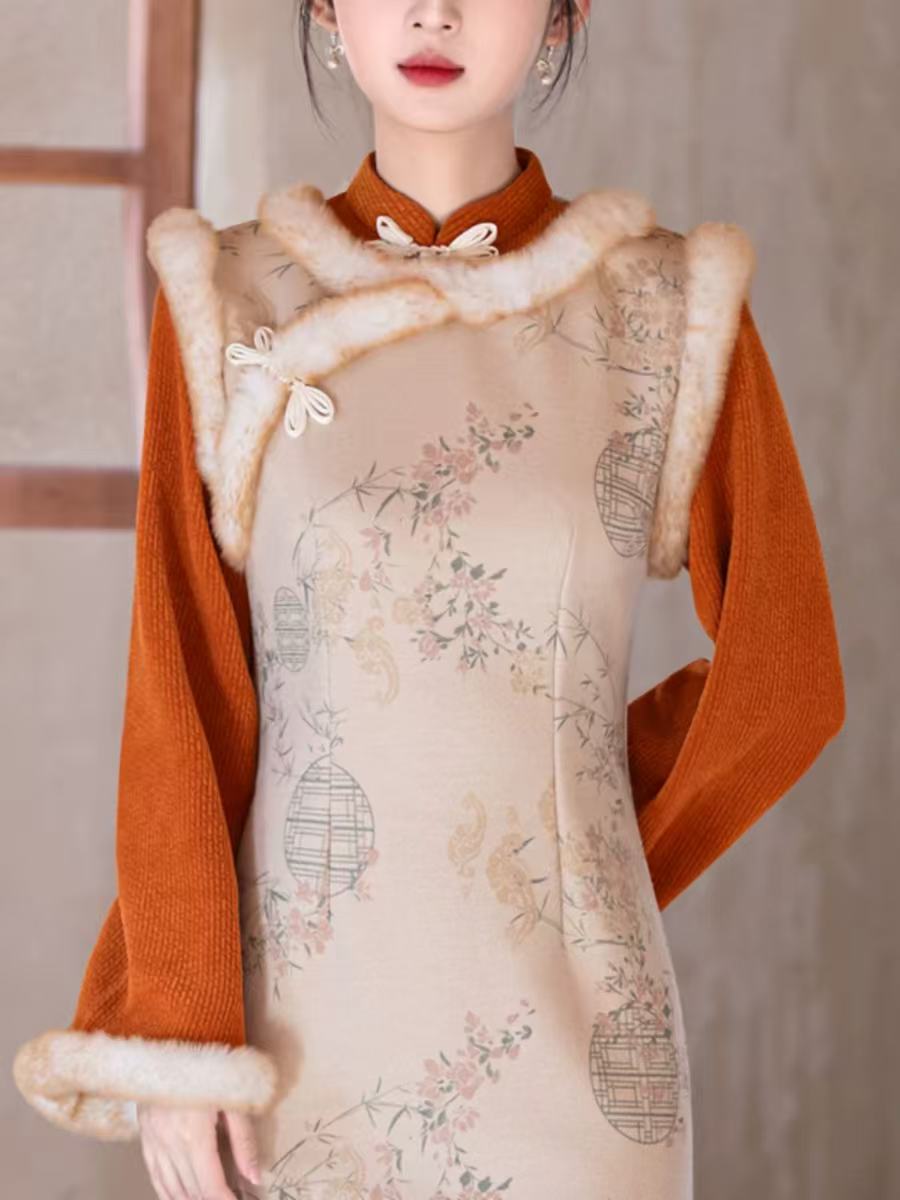 1484 橘色 拼接 【花好月圆】 花扣 旗袍