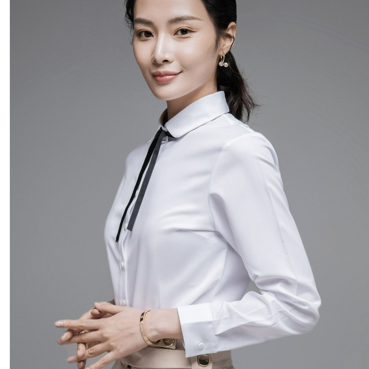 887秋长袖竹纤维职业衬衫女娃娃圆领白衬衣公务员面试正装工作服