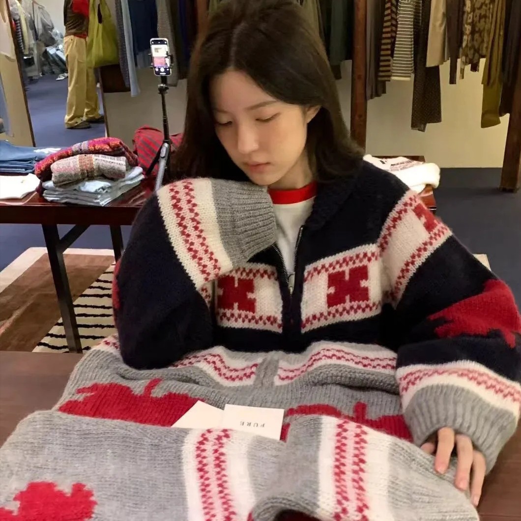 （fure芙睿）韩国代购东大门秋季款韩系ins风图案翻领针织开衫