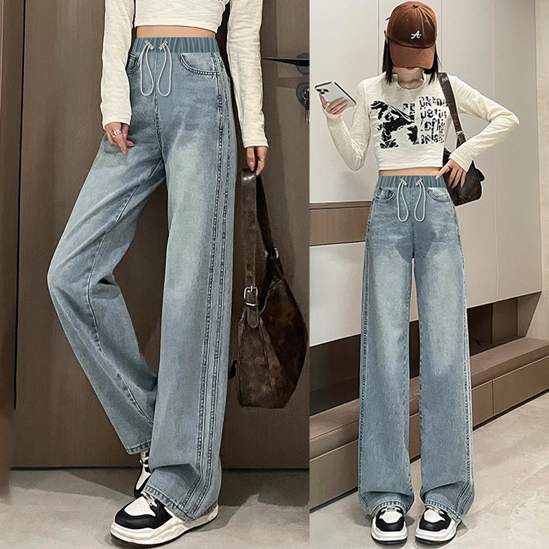 【小雯】新款孕妇抽绳牛仔裤春季外穿阔腿裤休闲裤百搭天丝裤子