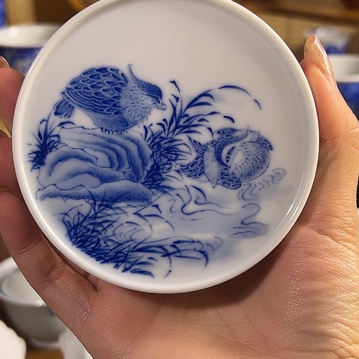 鸳鸯青花盖置微瑕