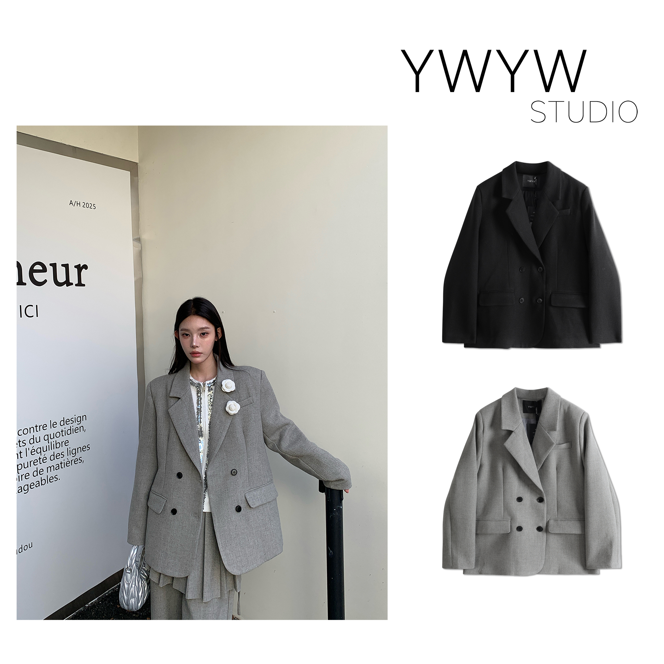 【YWYW25F/W】秋冬纯色气质保暖宽松毛呢西装休闲外套5788