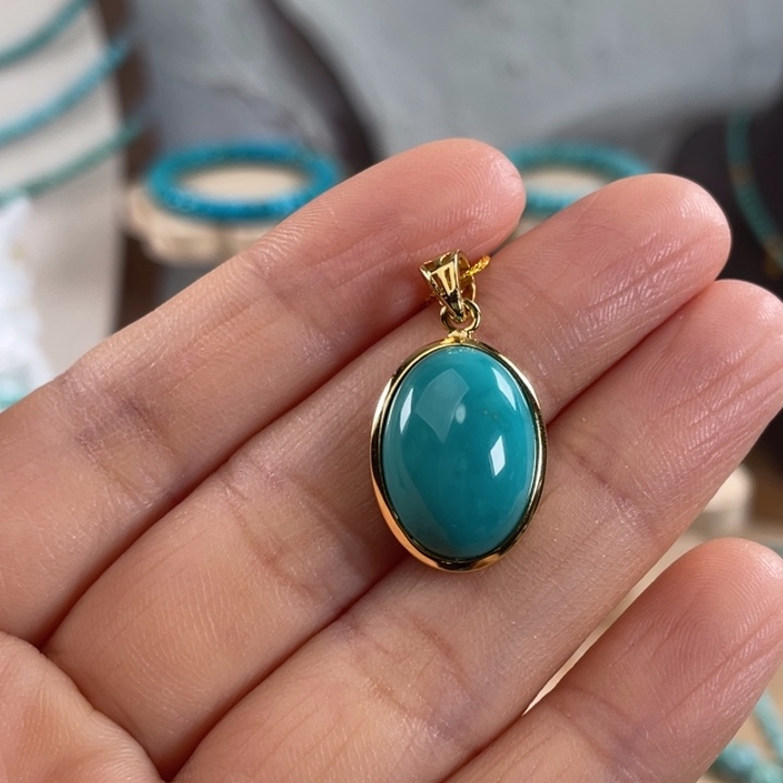 银S925镀金镶嵌绿松石项链精品蛋面