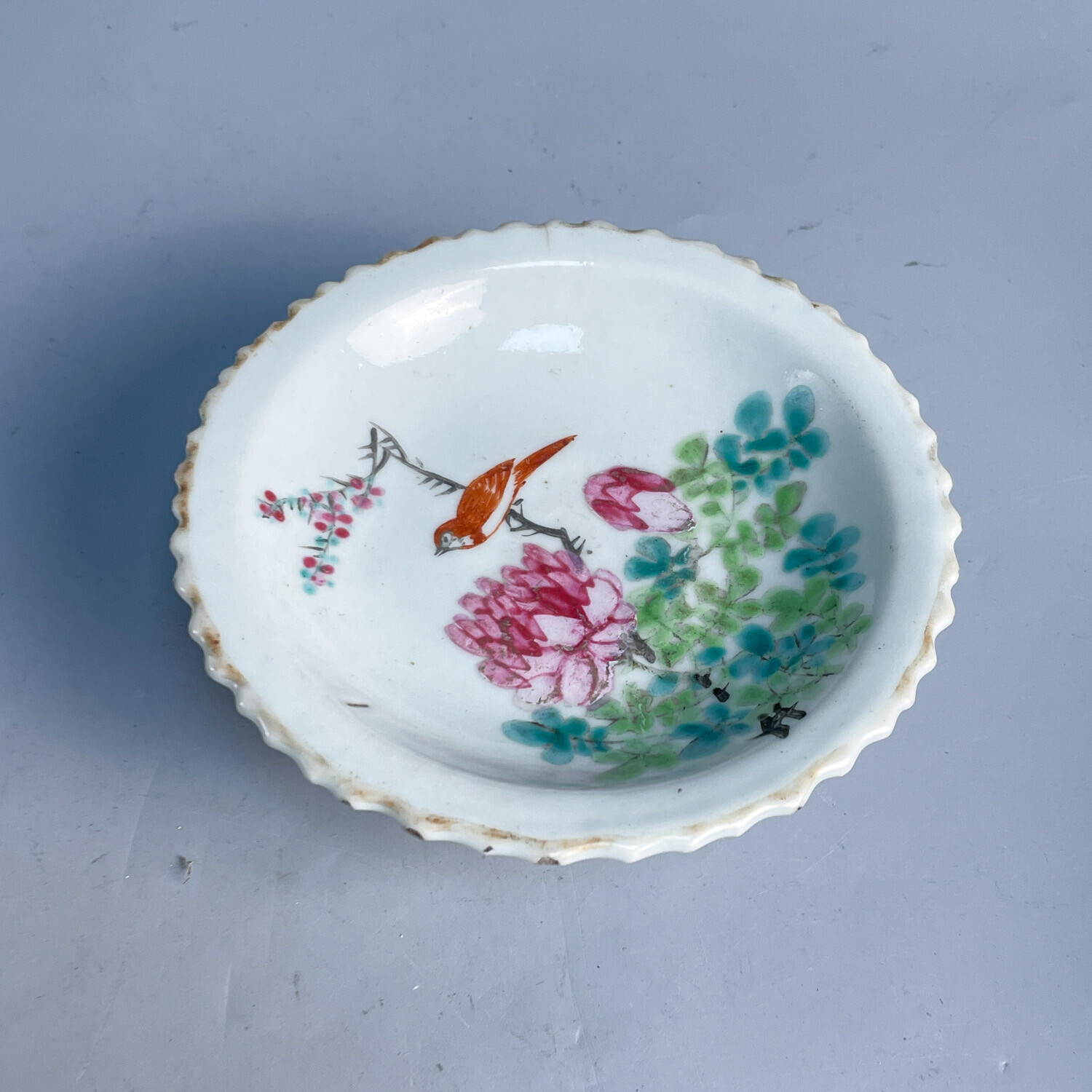 晚清民国  粉彩花鸟高足花口盘-M25GY00F786