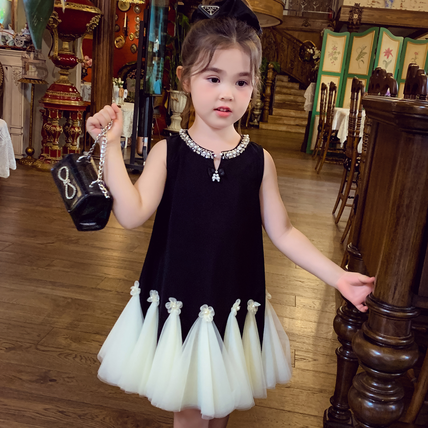 【年中浮力】米米哈罗女童夏日连衣裙拼接网纱无袖小黑裙X25578