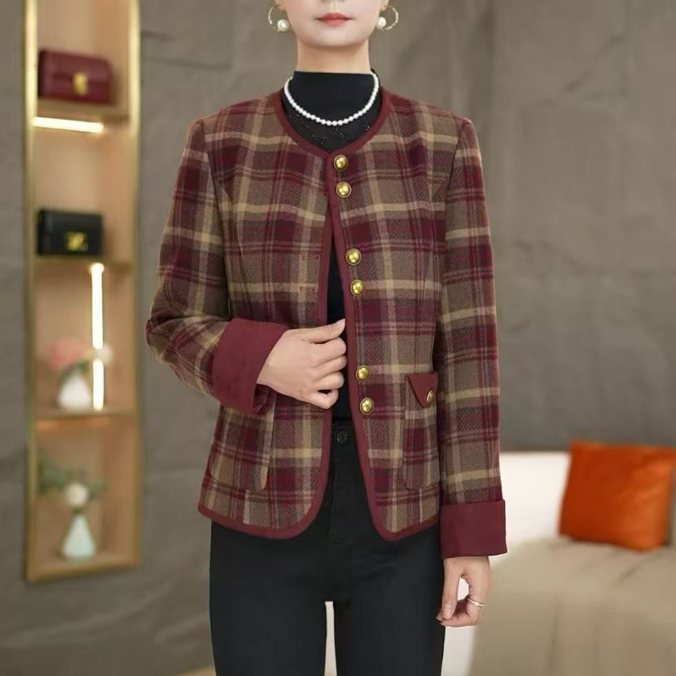 短款长袖女春秋秋季春季短外套上衣休闲风格子秋冬