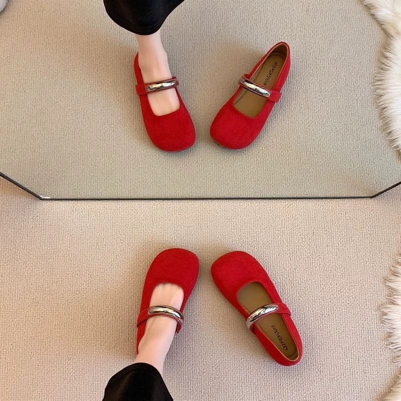 15014圆头时尚浅口玛丽珍鞋女2025新款一字带复古法式平底单鞋