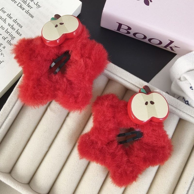 2025新款新年可爱大红色苹果星星BB夹少女秋冬毛绒五角星边夹甜美