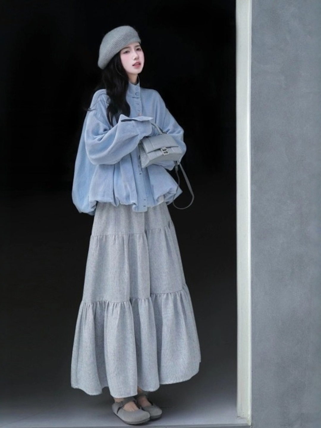 C732+C733一整套韩系高级感两面穿格纹拼接外套A字蛋糕裙套装女