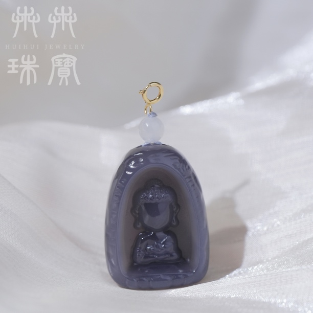【吾欢】天然烟紫和田玉悟道佛无相佛吊坠➕18K金万能扣头