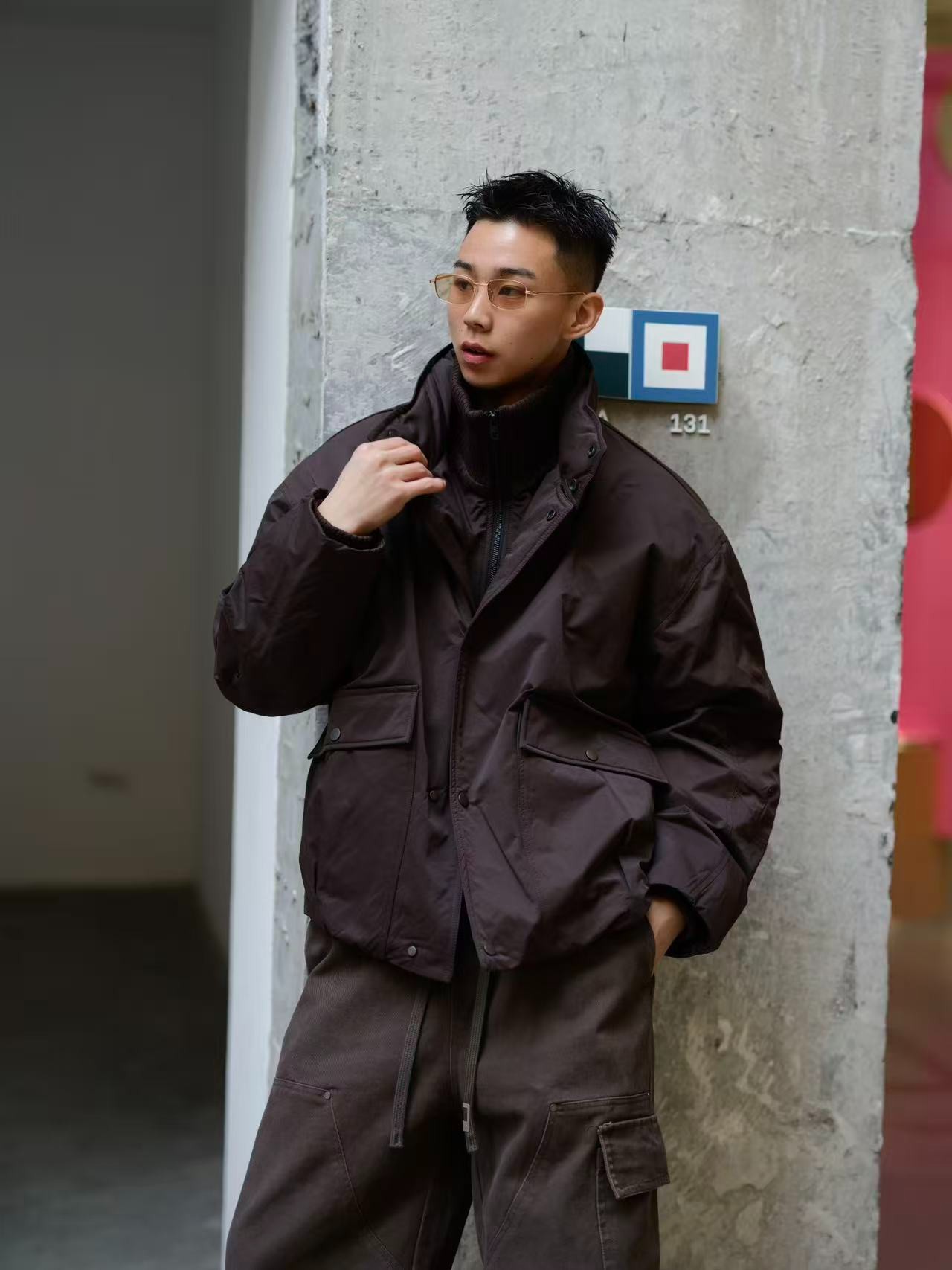 【BH】studio冬季美式加绒立领针织厚款休闲保暖工装假两件拼接羽绒