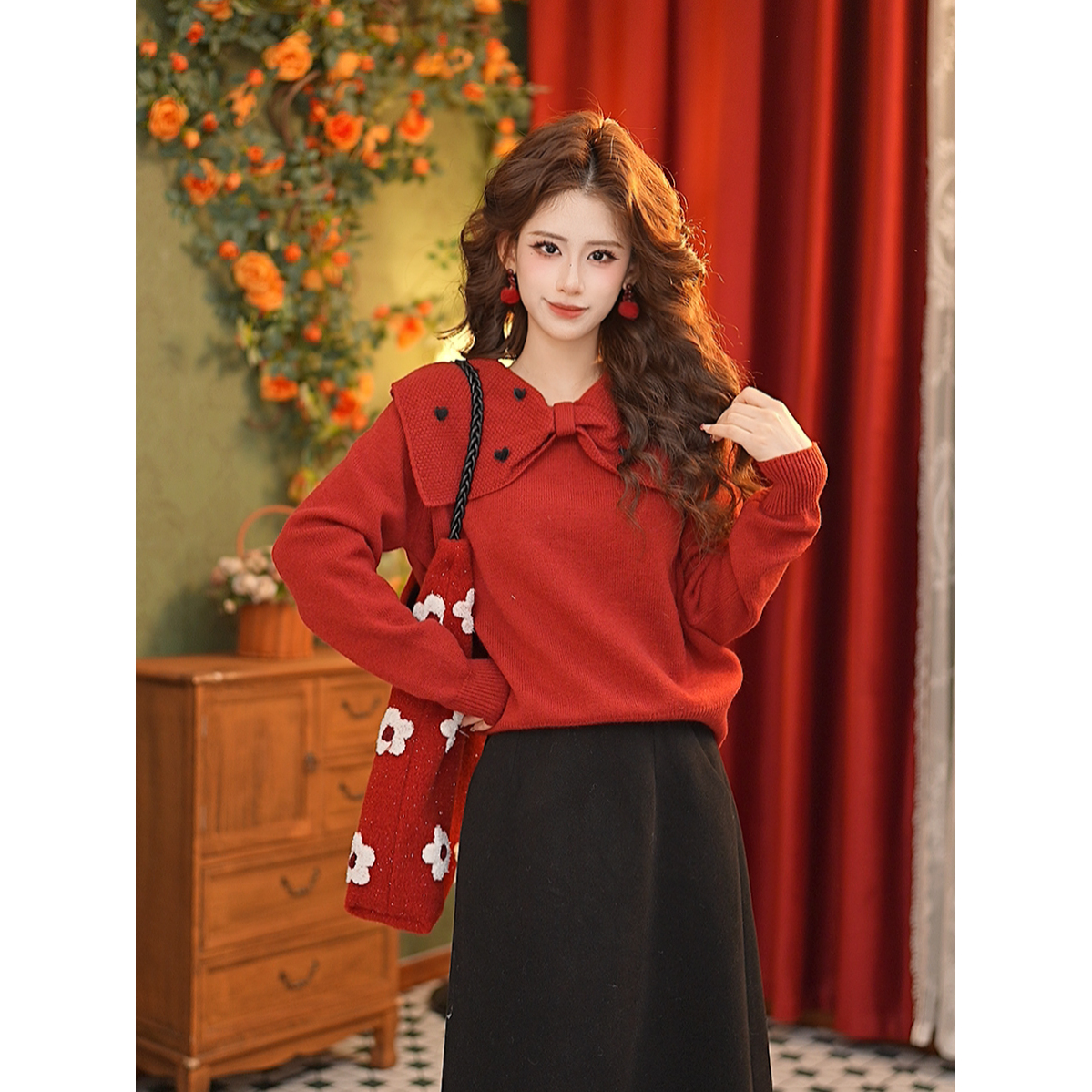 DaYuanSAD张嘉圆本命年蝴蝶结红色针织衫女秋冬圣诞#K10336