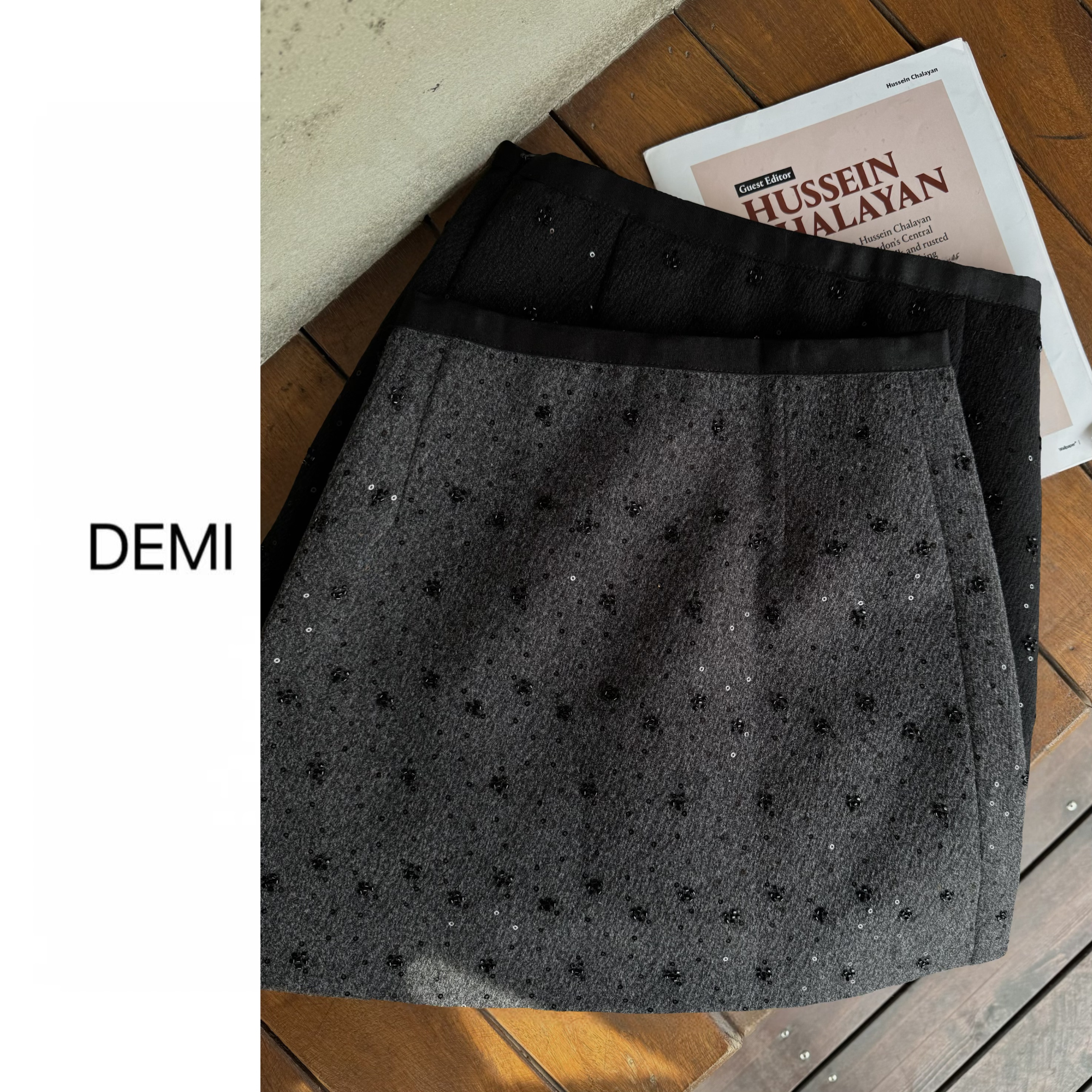 MISS RUILI 定制 2025冬季简约重工亮片高腰毛呢A字半身裙F1502