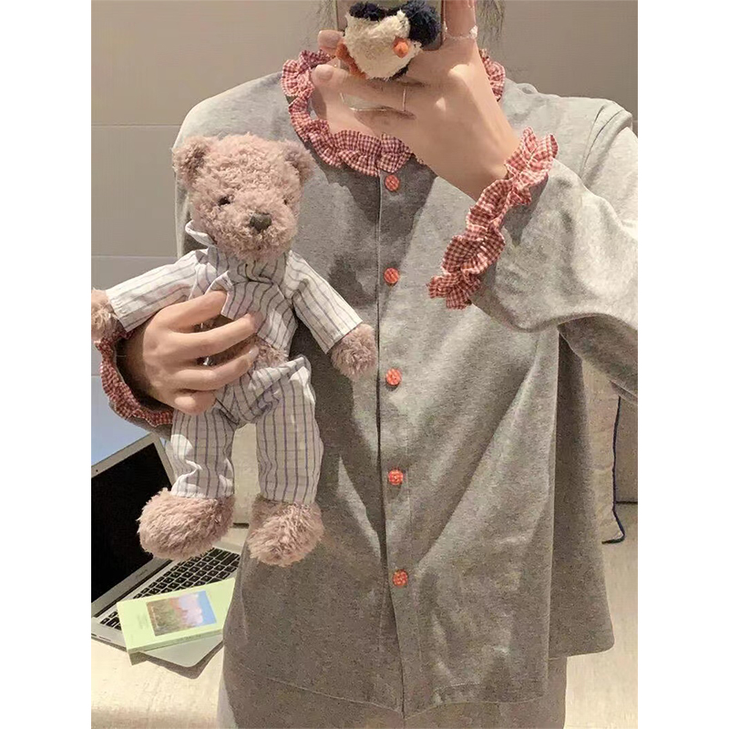 【粉格荷叶边】简约德绒睡衣女春秋款可爱少女可外穿开衫家居服套装