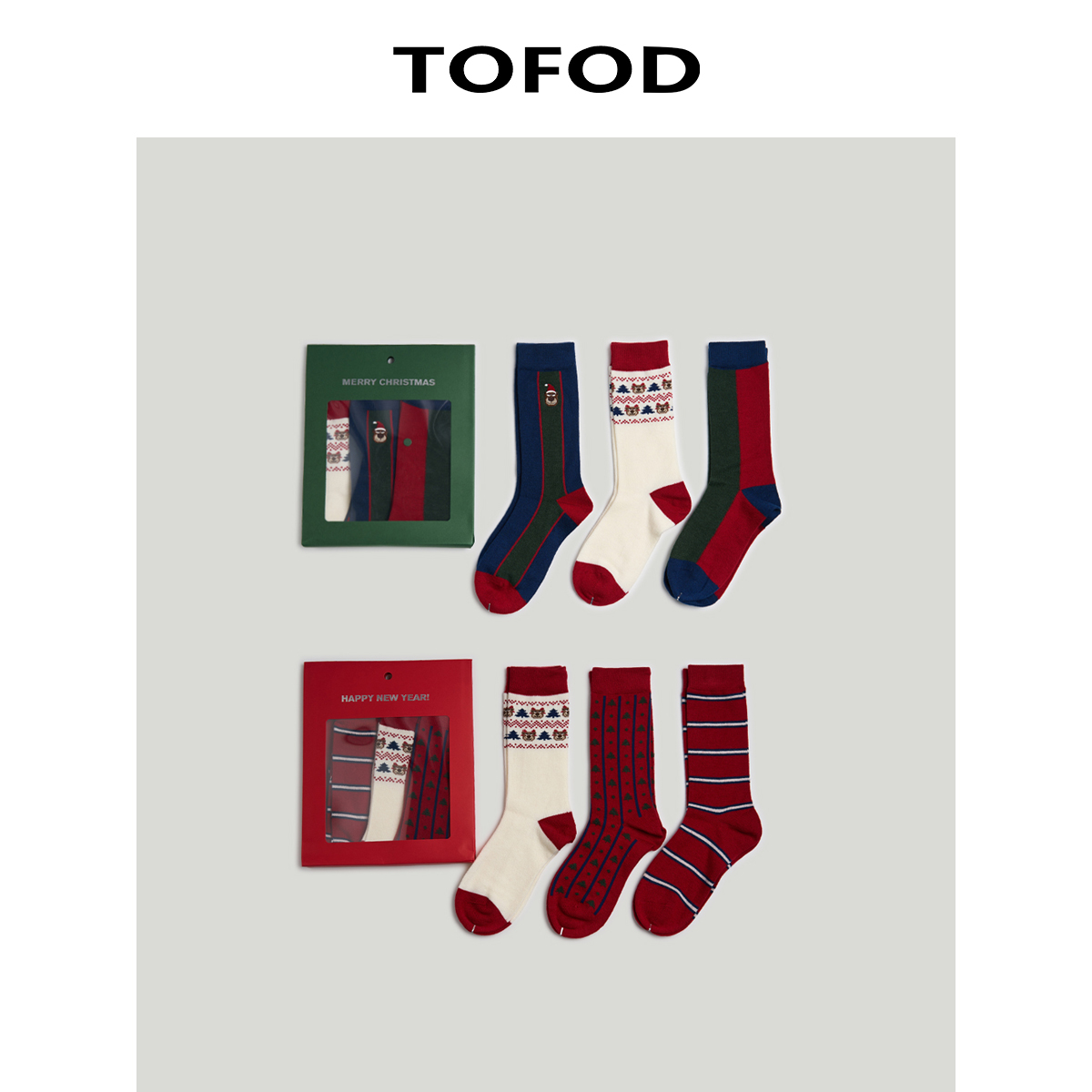 TOFOD 圣诞袜礼盒 中筒袜节日礼物新年红色秋冬羊毛袜