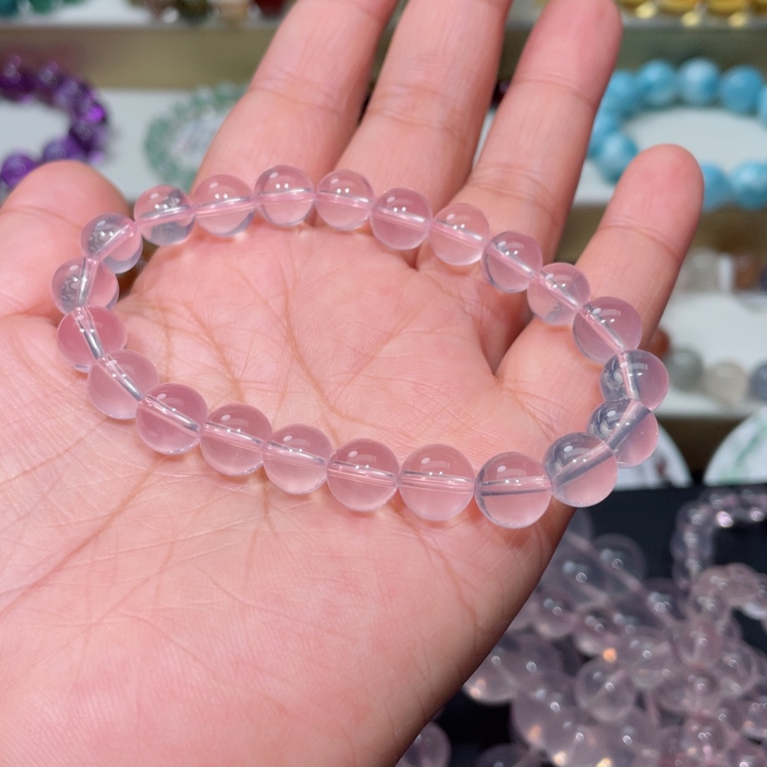 水晶手串未镶嵌晚*?粉晶手链，晶体通透
