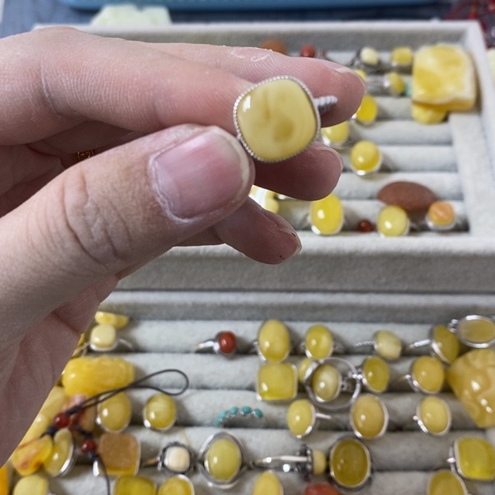 蜜蜡裸石银S925镶嵌戒指