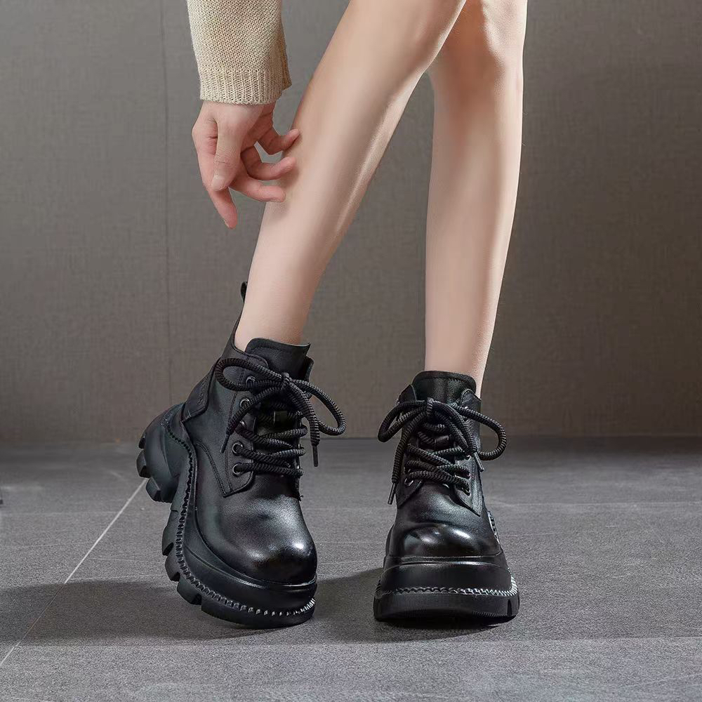 魅力脚步内增高马丁靴中国风女靴圆头复古靴