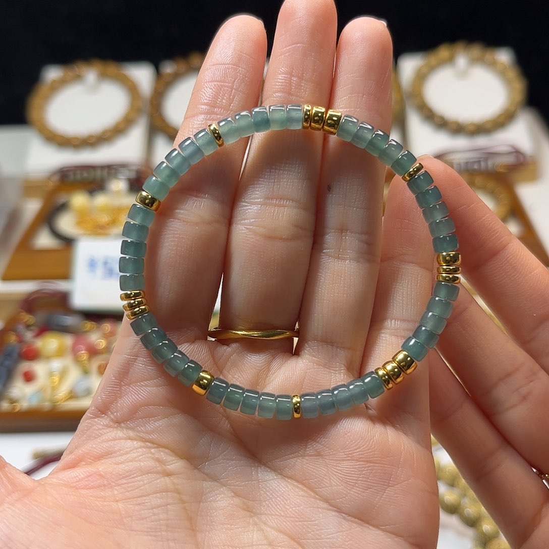 翡翠手链18K金镶嵌药片